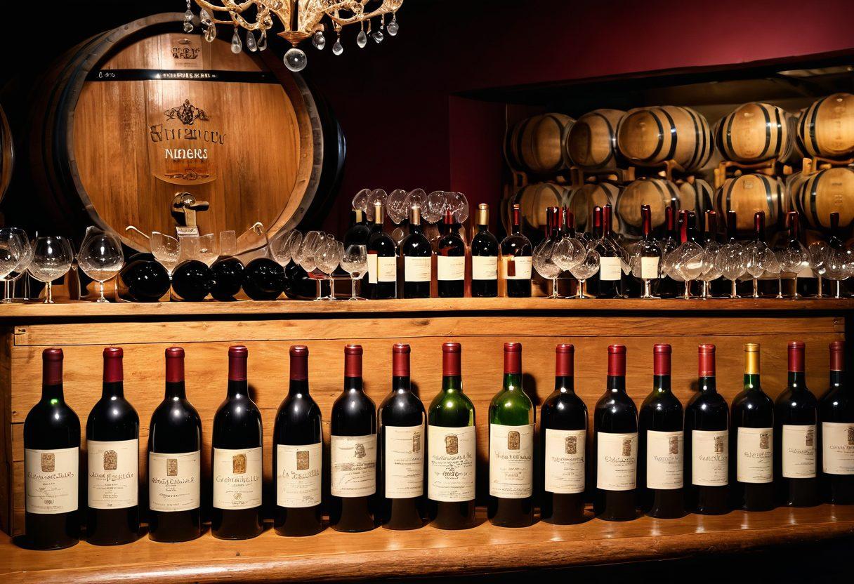 A beautifully arranged vintage wine auction scene featuring elegant wine bottles with distinct labels, a classic wooden auction gavel, and sophisticated bidders in a refined, warmly lit room filled with oak barrels and wine memorabilia. Include a background of wine barrels and crystal glasses, capturing the essence of viniculture and bidding excitement. super-realistic. warm colors. elegant atmosphere.