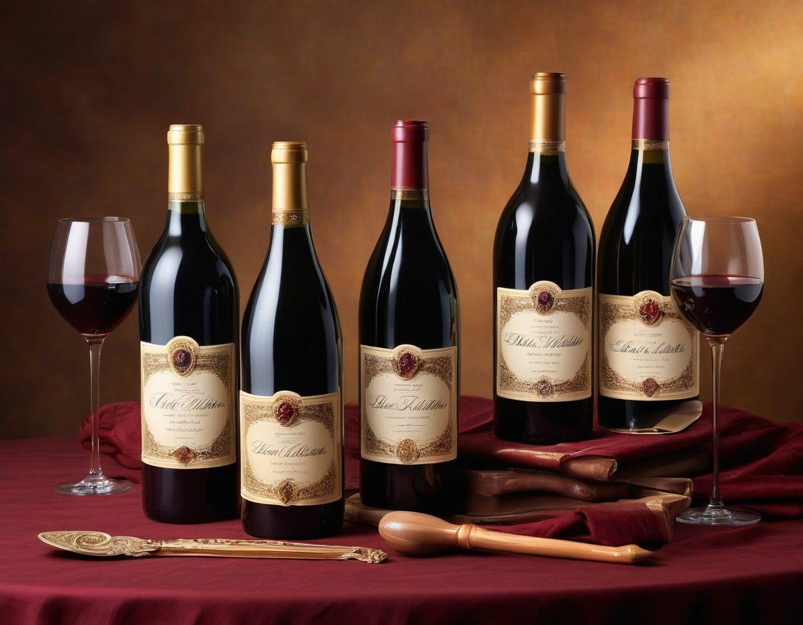 A beautifully arranged vintage wine auction scene featuring elegant wine bottles with ornate labels, a wooden auction paddle, and soft golden light illuminating the backdrop. Include a subtle hint of enthusiastic bidders in classy attire and a luxurious auction table adorned with a rich burgundy tablecloth. Capture the essence of sophistication and desire associated with wine collecting. super-realistic. warm tones. elegant background.
