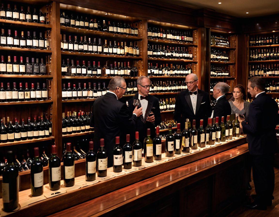 A sophisticated wine auction scene with a diverse group of collectors examining rare bottles, all surrounded by elegant wooden shelves filled with various wine labels. A digital auction screen displaying lively bids in the background. Soft, warm lighting enhances the atmosphere, showcasing the richness of the wines. Include vintage accessories like corkscrews and glasses to enrich the setting. super-realistic. warm tones. ambient lighting.